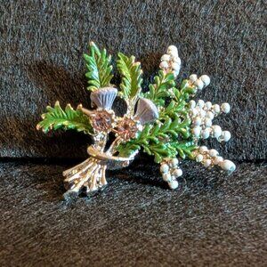 Vintage Scottish Thistle Heather Silver Tone Enamel Faceted Crystals Brooch Pin